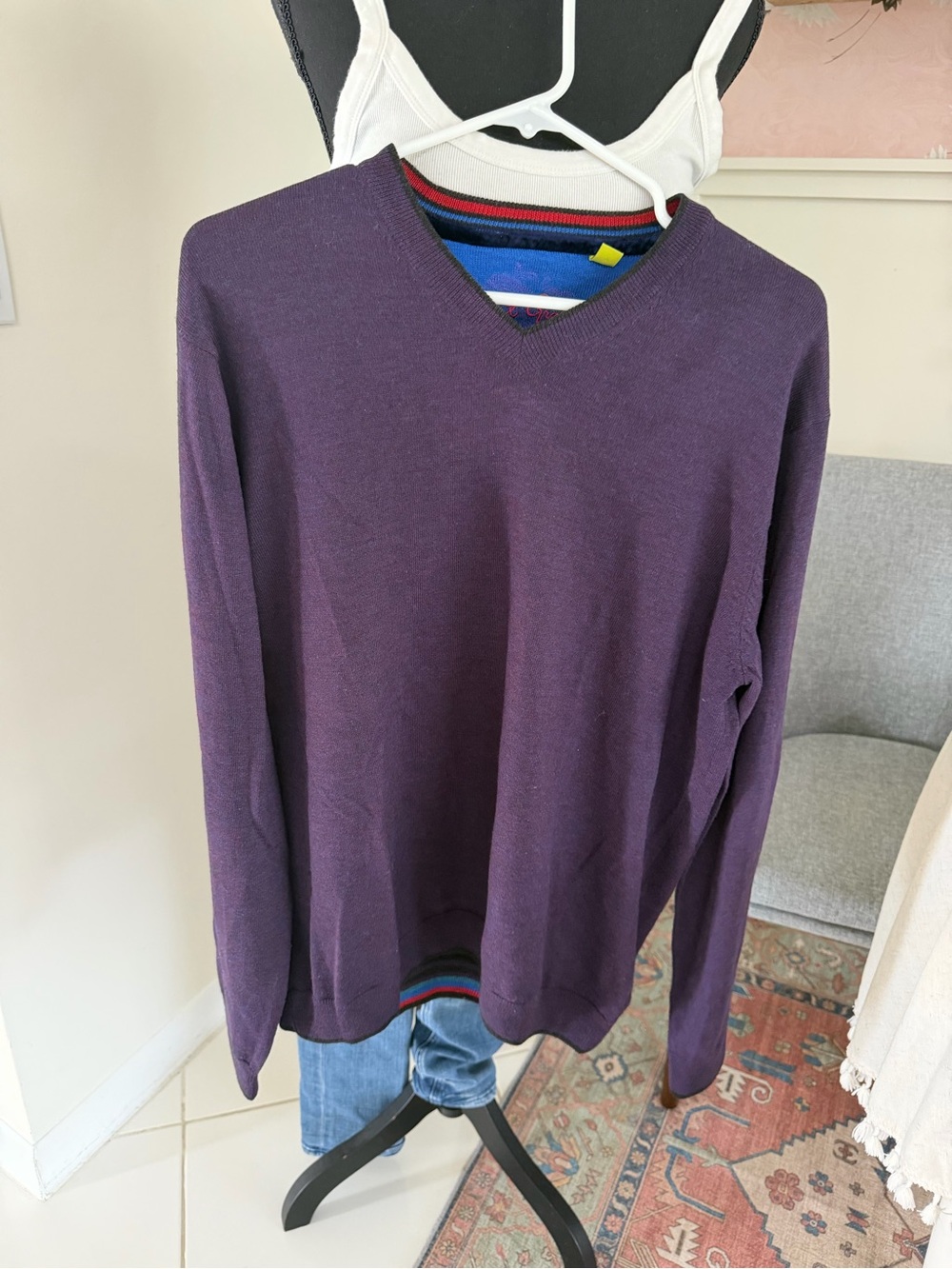 Robert Graham Sweater Mens M Medium Purple Wool V Neck Pullover Knit Preppy